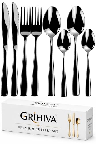 Image of 8 Pcs Black Mirror Polish Stainless Steel Cutlery Set for Dining Table with Spoons and Forks Set + Butterknives - The Perfect Tableware /Flatware