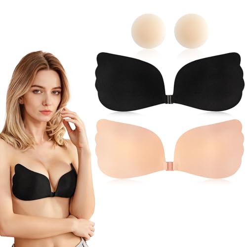 Sujetador Adhesivo Push Up, 2 Piezas Sujetador Invisible Reutilizables con Nipple Cover Sujetador Sin Tirantes Espalda para Mujer (FR/ES, Tamaño de Copa & Medida de Contorno, B, Negro+Beige)