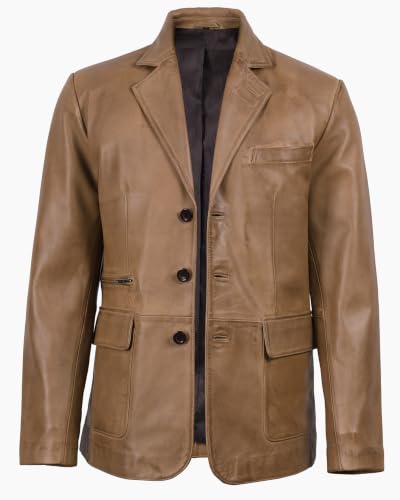 Image of fjackets Mens Leather Blazer Jacket - Real Lambskin Leather Sport Coat, 3-Button, Business to Weekend