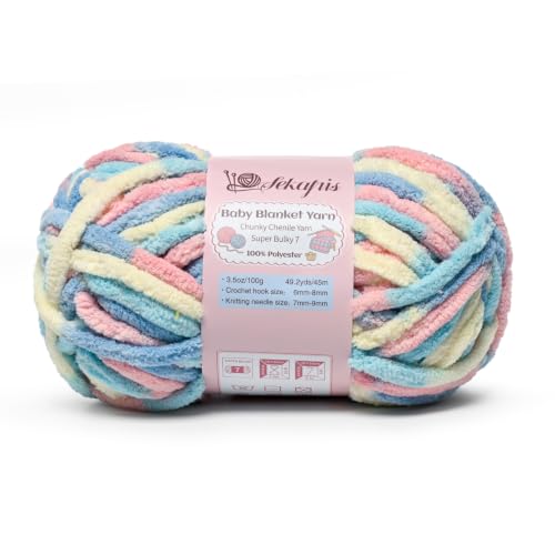 Image of 3.5 oz /49.2 yds Chunky Chenille Yarn for Crocheting, #7 Super Bulky Baby Blanket Yarn for Crocheting Soft, Fluffy Velvet Yarn for Knitting, Amigurumi Crochet Yarn for Crafts (Candyfloss)