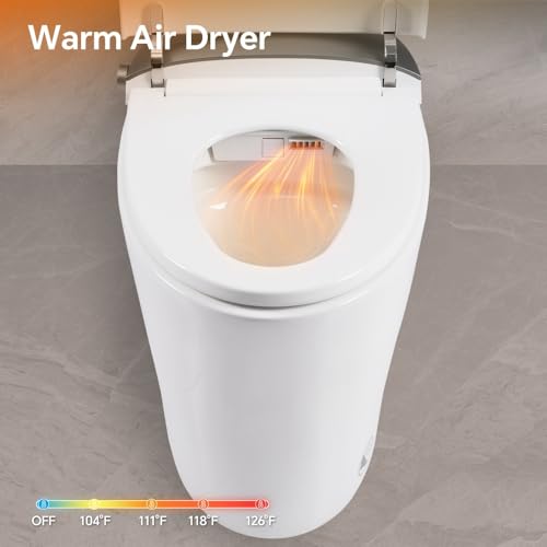 Inodoro inteligente bidé altura ADA con asiento alargado calefaccionado, doble descarga potente, lavado frontal y trasero multi-modo, 4 niveles de temperatura y presión de agua, secador de aire cálido, cerámica fácil de limpiar, plateado/blanco miniatura 6