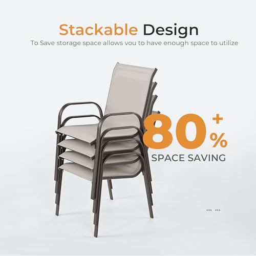 Image of HAPPATIO Outdoor Patio Dining Set, 4 Quick Dry Textilene Dining Chairs and Square Dining Table with Umbrella Hole,Stackable Textilene Chairs for Garden,Patio and Poolside Backyard,Light Gray