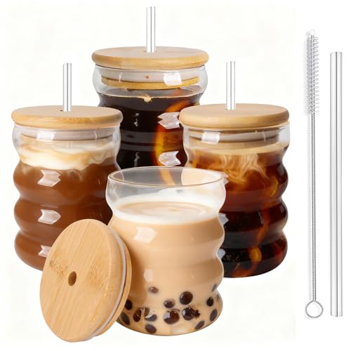 BELICOO Confezione da 4 bicchieri da cocktail, 320 ml, bicchieri vintage in vetro ondulato, bicchieri con coperchio in legno per birra, acqua, cocktail, whisky, succhi di frutta, soda