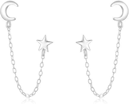 Cute Star Moon Double Piercing Small Stud With Short Chain S925