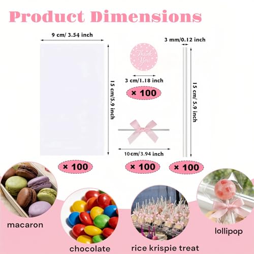100PCS Clear Rice Krispie Treat Bags with Ribbon Bow and Thank You Stickers, Flat Cellophane Bags for Individually Wrapped Cake Pops, Cakesicles,Candies, Chocolates , Marshmallow, Macarons, Cookies(Pink Bow) by Treayes - Used condition - Image 2