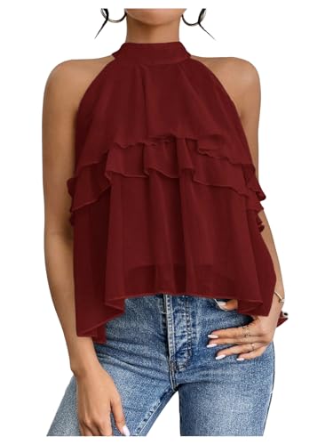 Floerns Women's Ruffle Hem Layered Blouse Top Halter Sleeveless Elegant Shirts Burgundy Medium