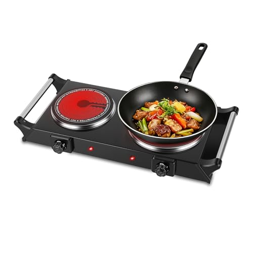 Electric Countertop Double Burner, 1800W Cooktop with Crystal Glass Hot Plate, 5-Level Stepless