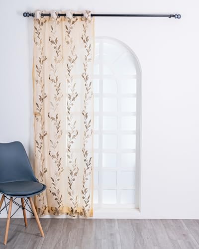 Image of (5 Ft Tissue Fabric Embroidered Curtain | Leaf Design Grommet Curtains Window Curtain | Vintage Classical Floral Print | For Home | Brown (Pack Of 2) | 152 L X 121 W Centimeters
