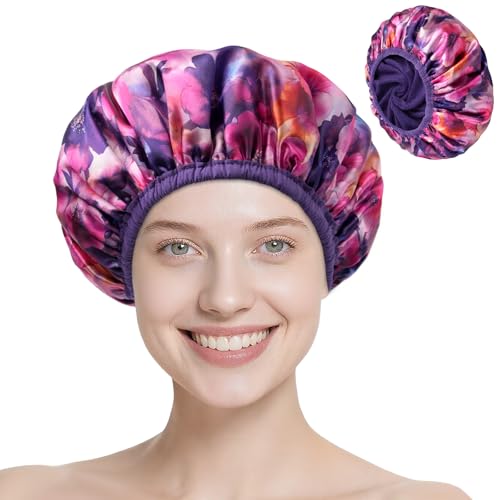Upgraded Waterproof Terry Shower Caps Reusable Shower Cap for Women with Long Hair Soft Absorbent Hair-Protecting Towel Lining Bath Cap Large Leak-Proof Hair Cap with Fashionable Print Outer-Purple