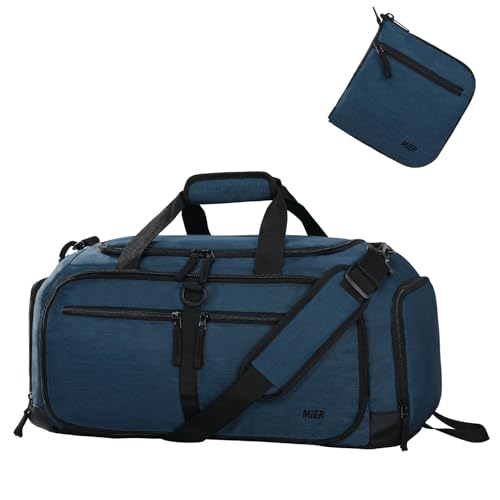 MIER Faltbare Reisetasche mit Schuhfach, 50 l, Reisetasche für Männer und Frauen, verstaubare Übernachtungstasche für Camping, Fitnessstudio, Wochenende, Drak Blue, 23.6x12x11 inches, Faltbare