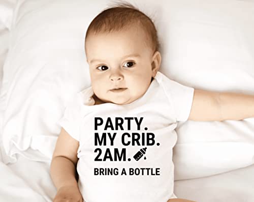 Baby Girl Boy Announcement Bodysuit Party at My Crib Bring A Cute Bottle Baby Romper Baby Room Humor Pregnancy Reveal4