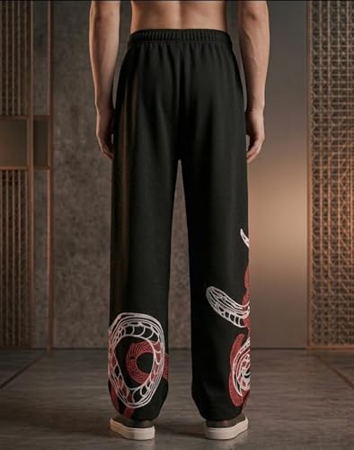 Image of Men's Black Wide Leg Trousers with Snake Print, Elastic Waist, Casual Style