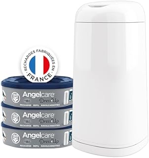 Angelcare Kosz na pieluchy + 3 opakowania uzupełniające zapobiegające zapachom, wysoka pojemność, antybakteryjny, łatwe użytkowanie, biały