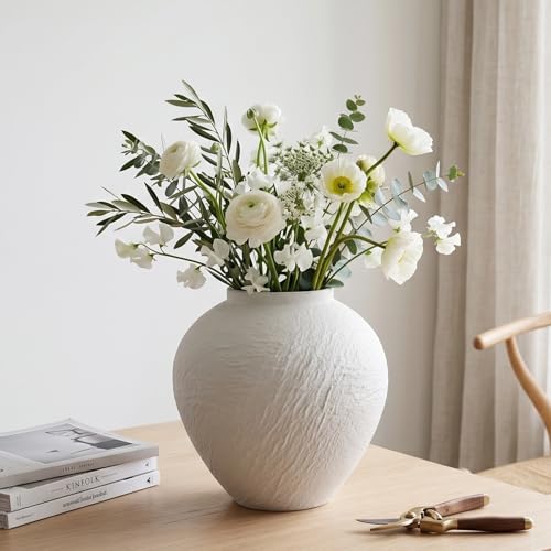 Vintage Stone Textured Ceramic Vase, Minimalist White Flower Vase, Rustic Decorative Centerpiece for Farmhouse, Living Room, Shelf, Dining Table Home Decor,Small-Sized (White Texture 6.3'' Tall)