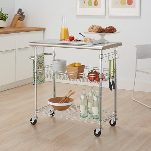 TRINITY-EcoStorage-Rolling-Metal-Wire-Kitchen-Cart-with-Removable-Stainless-Steel-Top-Basket-Shelf-Sidebar-Hooks-for-Storage-and-Food-Prep-NSF-Certified-386-W-x-20-D-x-36-H-Chrome-Finish TRINITY EcoStorage Rolling Metal Wire Kitchen Cart with Removable Stainless Steel Top Basket Shelf Sidebar Hooks for Storage and Food Prep NSF Certified 386 W x 20 D x 36 H Chrome Finish