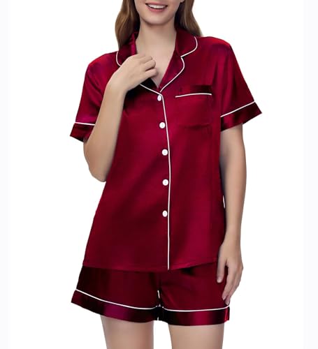 Guriyzee Couple Pajamas Set Satin Short Sleeve Sleepwear 2 Pcs Button Down Pjs Loungewear Women Wine Red XX-Large — view 3