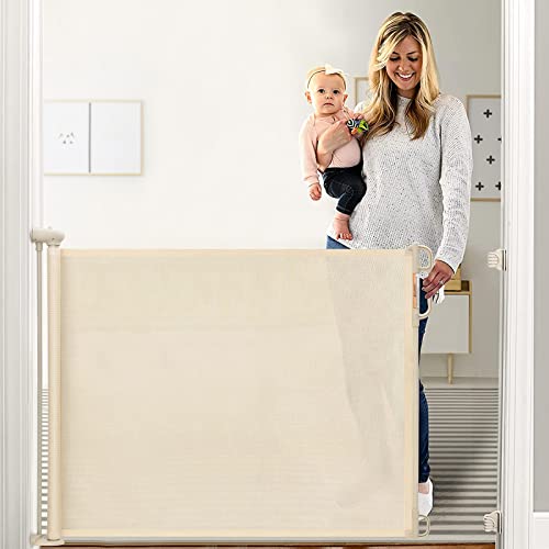 Image of Retractable Baby Gate, Momcozy Extra Wide Mesh Baby Gates for Stairs, 33" Tall, Extends to 71" Wide, Pet Dog Gate for Doorways, Stairs, Hallways, Indoor/Outdoor