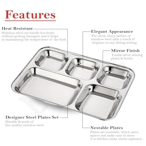 Image of Parage 2 Pieces Stainless Steel 5- Compartment Thali Set /Dinnerware /Dinner Plate Set / 5 in 1 Partition Plates /Kitchenware for Home, Restaurants, Family Use, Bhojan Thali (Silver)