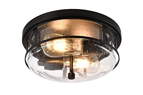 2-Light Flush Mount Light Fixture, Close To Ceiling Light Fixture With Seeded Glass Shade, Black Industrial Lighting Fixtures Ceiling, For Hallway, Entryway, Dining Room, Bedroom, Living Room #TOP4