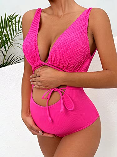 Makemechic Women's Maternity Bathing Suit Cut Out Self Tie Backless One Piece Swimsuit Hot Pink L #TOP3