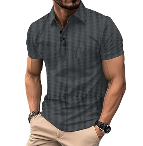 Men's Polo Shirts 2024 Short Sleeve Casual Collared Waffle Shirt Slim Fit Solid Color Golf Polo T Shirts - Main Image