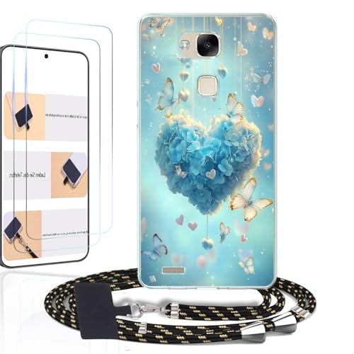 WUACYEAMING Funda con Cuerda para Huawei Ascend Mate 7 con Cuerda,con 2 Piezas Cristal Templado, Silicona Transparente Case con Correa Colgante Ajustable Carcasa ProtectoraCorazón Estampado