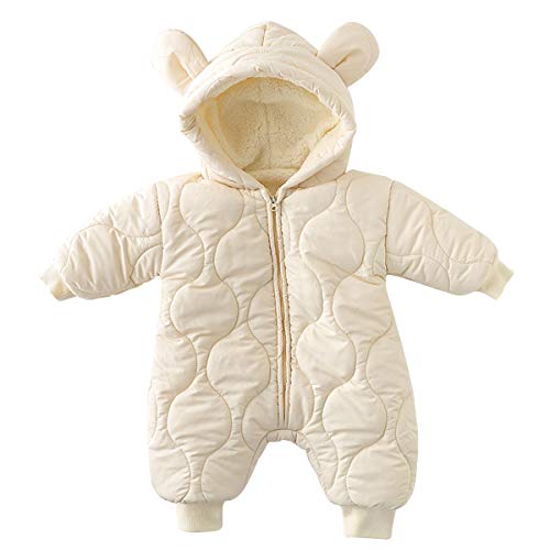 famuka Baby Boys and Girls Thick Outerwear Rompers Warm Hooded Onesie Snowsuit (Beige, 6-12 Months)