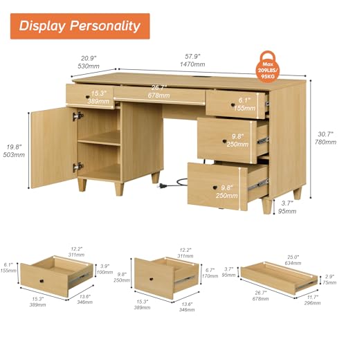 Image of WAMPAT 58 Inch Wood Desk with Drawers, Cabinet, Charging Station, Oak | Modern Executive Desk with Keyboard Storage Drawer, Home Office Large Wooden Computer Desk, Work & Study Writing Desk