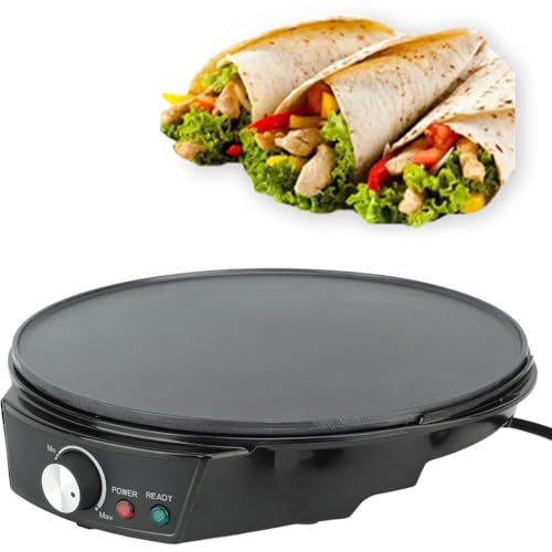 Crepera Y Panquequera Eléctrica, Máquina Comercial De 1200 W con Espátula De Madera Y Varilla En Forma De T, Temperatura Ajustable Y Superficie Cocción Antiadherente para Omelettes Y Panqueques