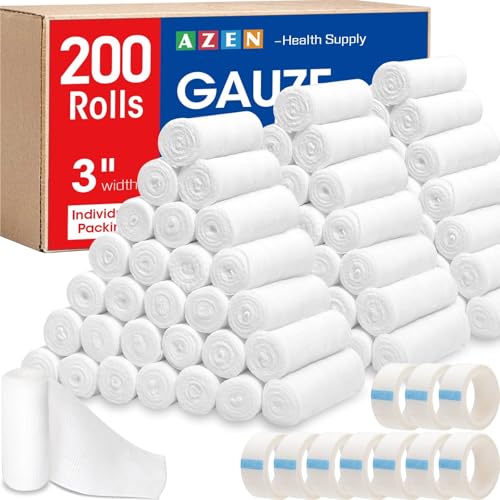 Image of AZEN 200 Pack Gauze Rolls Bandages, 3 in x 4.1 Yards, First Aid Supplies & Premium Medical Supplies, Bandage Wrap Vet Wrap