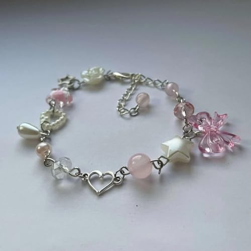 New 2024 Handmade Cluttered And White Pearl, Star, Crystal With Heart Charm Bead Adjustable Bracelet Fashion Accessories Creative Gift, As Pic, TH05-24-DK59293