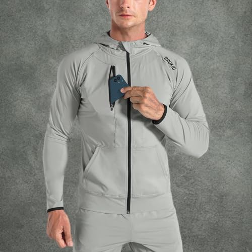 Image of BROKIG Mens Windbreak Running Jacket Zip Up Hoodie | Lightweight,Zip Pocket,Workout,Gym,Athletic,Track,Golf,Cycling,Full Zip Hoodie Jackets,Windbreaker,Jogging Sweatshirts
