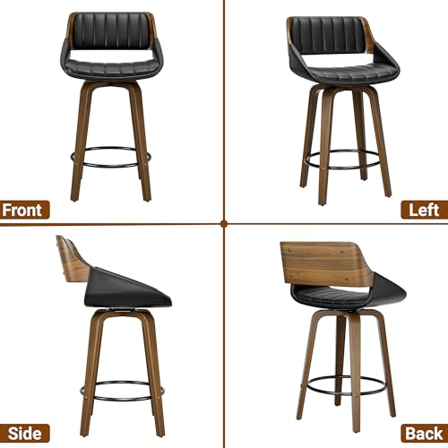 Image of YaFiti Bar Stools Set of 8, 26 inch Swivel Counter Height Barstools with Bentwood Back and Legs, Mid Century Modern Upholstered Faux Leather Counter Stools for Kitchen Island, Bar, Dining Room, Black