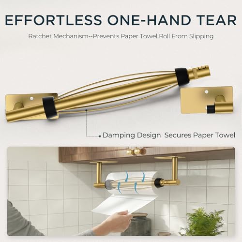Image of FORIOUS Paper Towel Holder Under Cabinet, Single Hand Operable with Adjustable Damping for Easy Tear, Adhesive or Drill Wall Mount, 304 Commercial Paper Towel Holder for Kitchen Bathroom, Brushed Gold