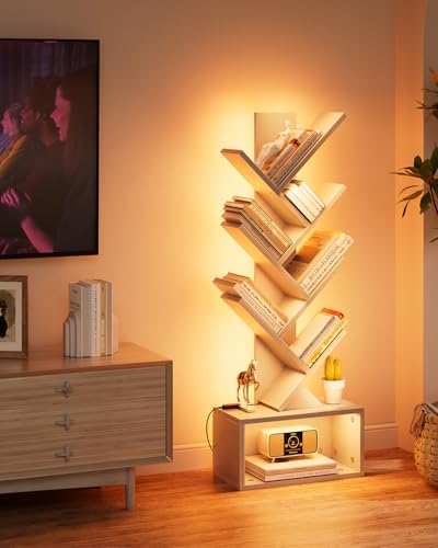 Image of Evermagin 6 Tier Tree Bookshelf with Lights, LED Book Tree Bookcase with Storage Organizer, Small Corner Bookshelf Floor Standing Book Shelf for Living Room, Bedroom & Home Office, White