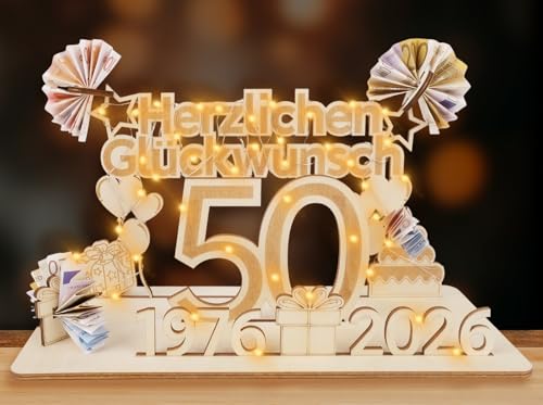 ARTREE 50 Geldgeschenke Geburtstag Frau Mann, 2026 Holz Schild Gästebuch mit LED Lichterkette, Personalisiertes Geschenke zum 50 Geburtstagszahlen, 50 Jahre Geburtstag Deko, Herzlichen Glückwunsch