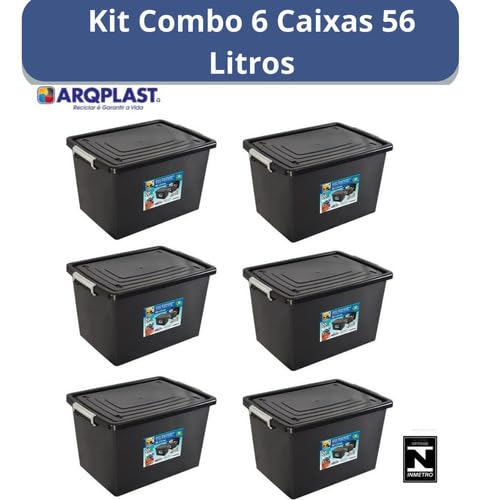 Kit 6 Caixas Organizadoras 56 Litros C/Tampa e Trava Preta 25793PM Arqplast