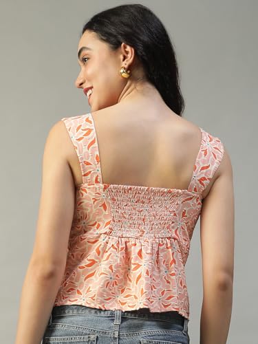 Image of oxolloxo Women Printed Top with Square Neck, Smocked Back, Shoulder Straps, Button Fly and Front Slit in Soft Poly Seersucker Dobby Fabric