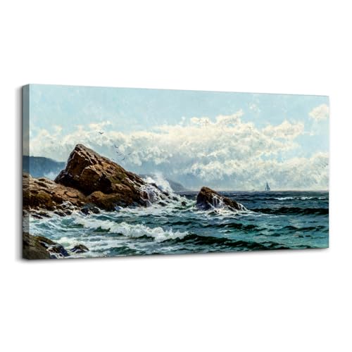 crmotu Large Wall Art for Living Room, Coastal Landscape Retro Canvas Painting, Ocean Waves Vintage Decor Art Prints, Blue Nautical Scenery Bedroom Bathroom Home Office Pictures Wall Decor 30"X60"