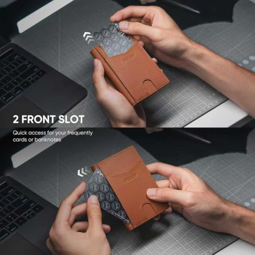 Image of VULKIT Bifold Front Pocket Slim Wallet RFID Blocking Minimalist Thin Genuine Leather Credit Card Holder Wallet for Men and Women Litchi Brown