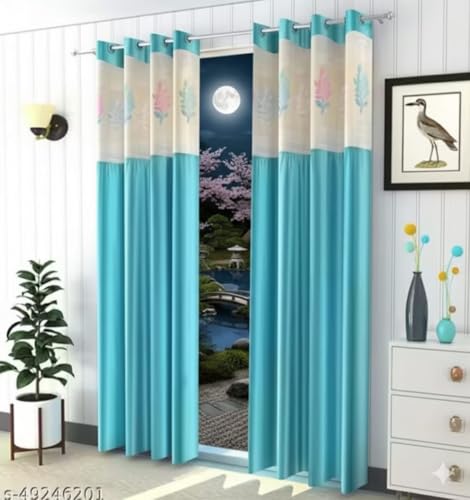 Image of Polyester Floral Patch Printed Curtains, Curtains for Home Decor, Curtains for Windos, Curtains for Door, Curtains for Long Door (Set of 2 Pcs)(Aqua 6 Feet)