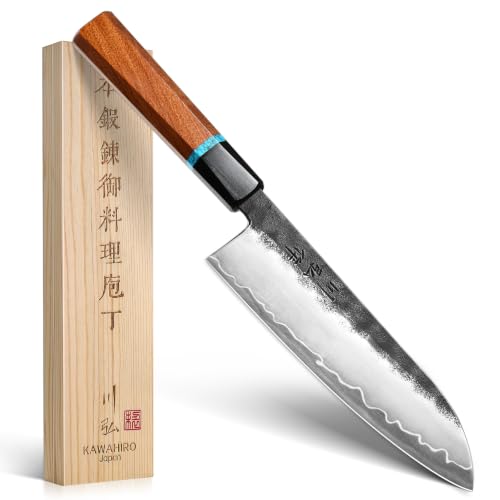 Kawahiro Japanese Santoku Knife, 7'' Hand Forged Vg10 Chef Knife With Ergonomic Octagonal Handle