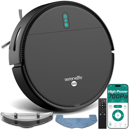 SereneLife Robot Aspirador y fregasuelos, 700 Pa, Control por App, 3 Modos, autorrrecargable, Apto para Pelo de Mascotas, Negro