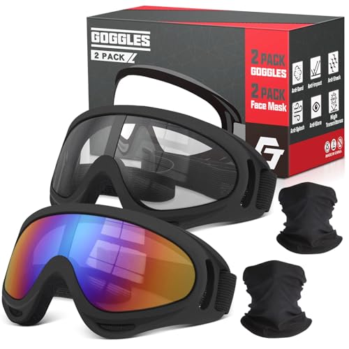 Dirt Bike Goggles, 2-Pack Motorcycle & ATV Goggles - Anti-Impact Motocross & Ski Goggles, Windproof, UV Protection, Dust-Proof, with 2 Face Mask (Clear + Color Lens)
