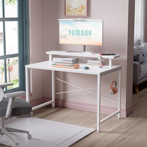 Image of Pamray 32 Inch Small Computer Desk with Monitor Stand, Simple Office Desk with Headphone Hook for Small Spaces, Kids Study Writing Table for Bedroom, White