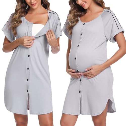 iClosam Camisón Algodón Mujer de Enfermería Manga Corta Camisones con Botones Vestido de Maternidad Embarazo Cómodo y Casual