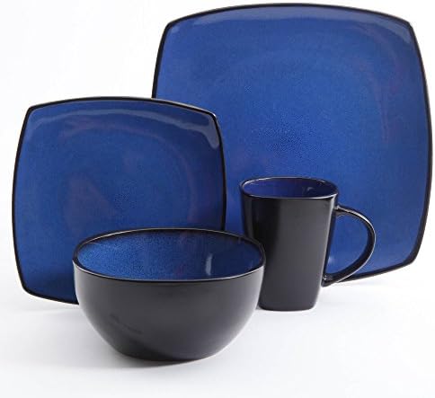 Square Dinnerware Service for 8 32-Piece And 4 16-Piece, Plates Bowls Mugs (32-Piece Set, Modern Blue & Black)