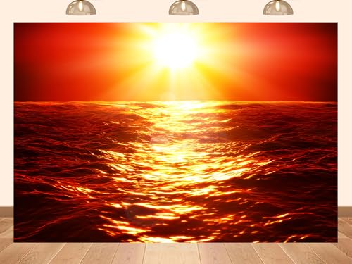 PEKRU 15x8ft Fabric Fiery Red Ocean Sunrise Backdrop with Glowing