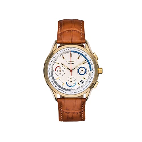 Preisvergleich Produktbild CAUNY - Uhr für Herren - Analoguhr - Accura Gold Chronograph - Chronograph mit Datumsfunktion - Kamelfarbenes Lederarmband - 10 ATM - Weißes Zifferblatt - Hergestellt aus 316L Stahl