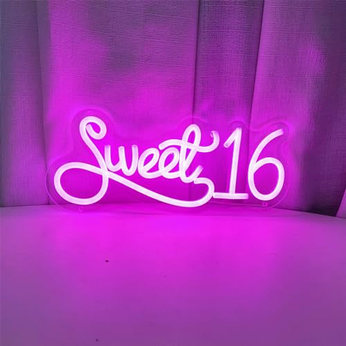Image of Sweet 16 Neon Signs for Wall Decor, Sweet Sixteen Party Decorations Sweet 16 Neon Sign Sweet Sixteen Decorations LED Light Sign for Birthday Party Commemorative, 13.3 inch x 5.59 inch